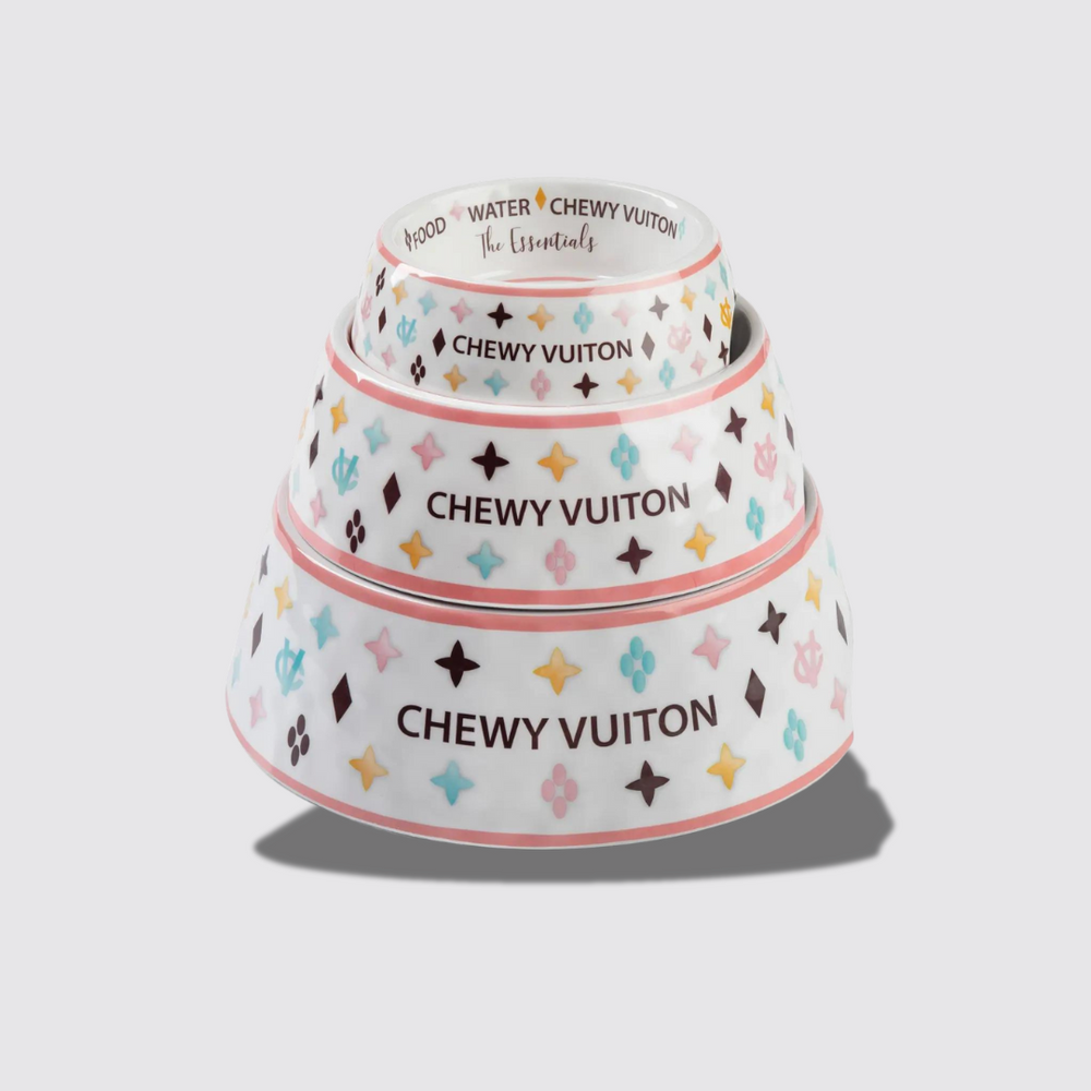 White Chewy Vuiton Dog Bowl